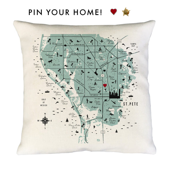 St. Pete Florida Pin-Your-Home Map Pillow Cover | St. Petersburg Icon Decorative Throw Pillow Cushion Sham