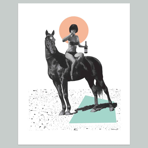 Horse Girl Print | Vintage Collage Art Giclee Print | Premium Paper Print | Mid Century Horse Beach Eclectic Whimsical Wall Art Home Decor