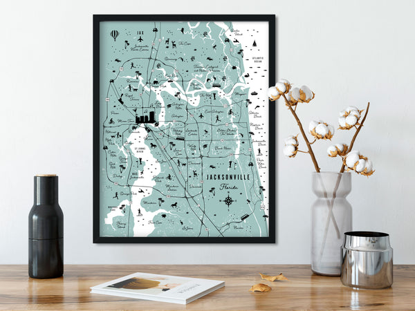 Jacksonville Florida Icon Map With Neighborhoods | Illustrated Giclee Wall Art Print Aqua Green