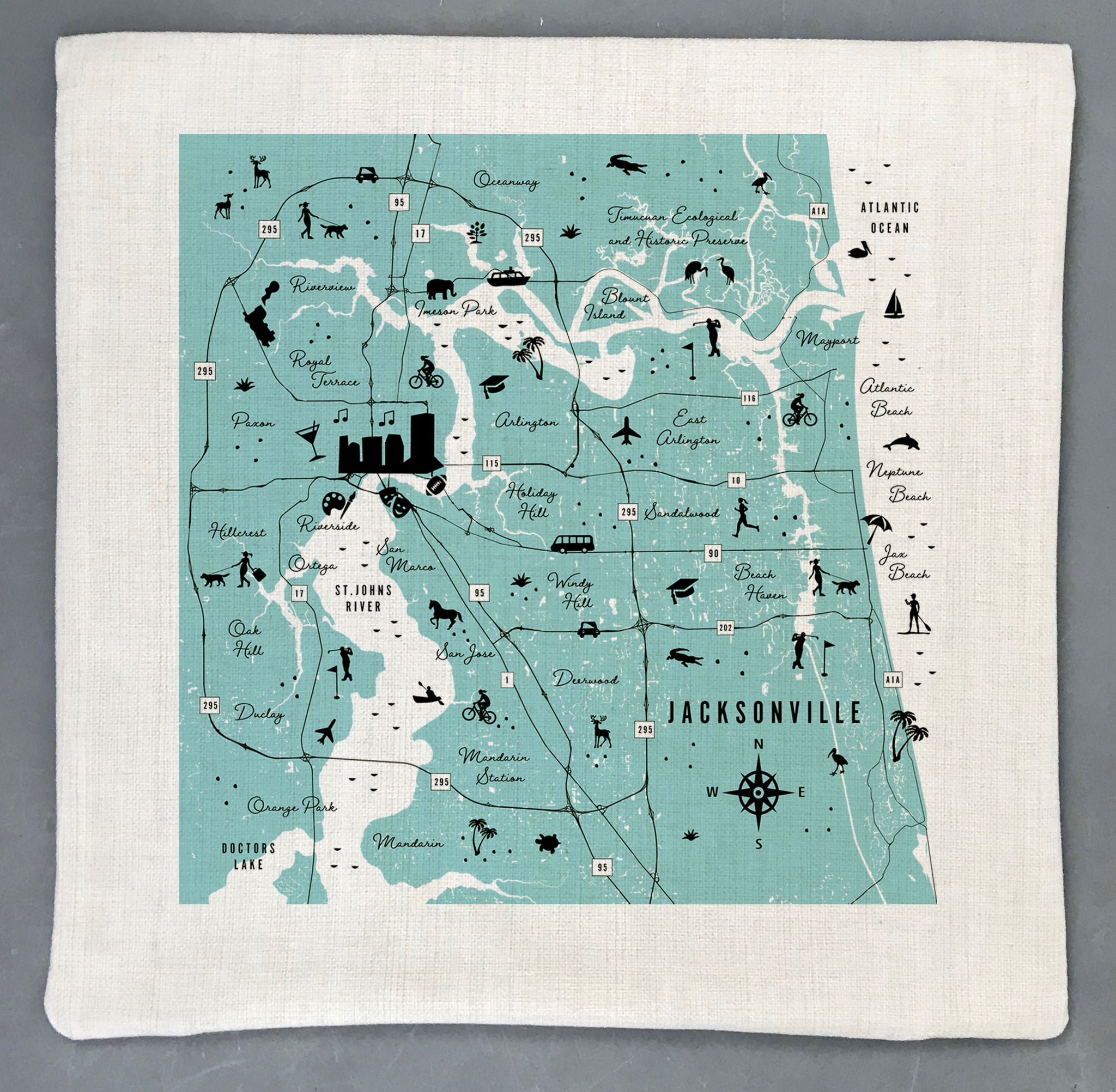 Jacksonville Pin-Your-Home Map Pillow Cover | Jax Florida Icon Decorative Throw Pillow Cushion Sham