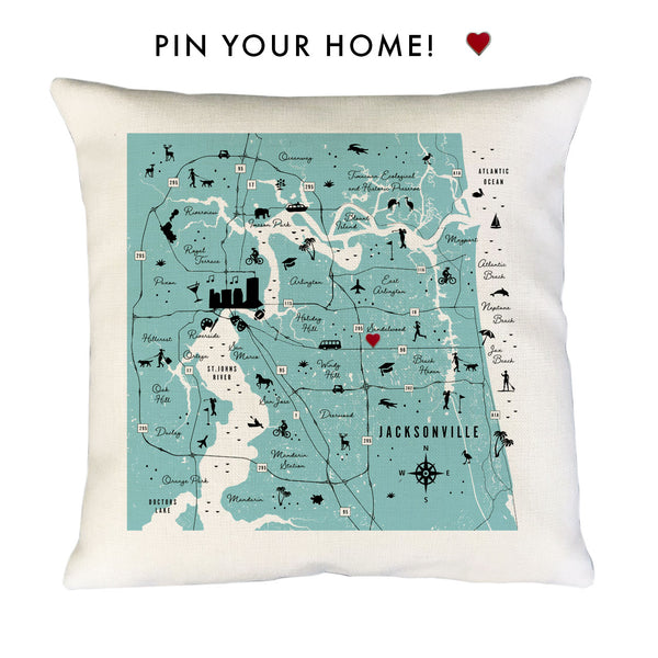 Jacksonville Pin-Your-Home Map Pillow Cover | Jax Florida Icon Decorative Throw Pillow Cushion Sham