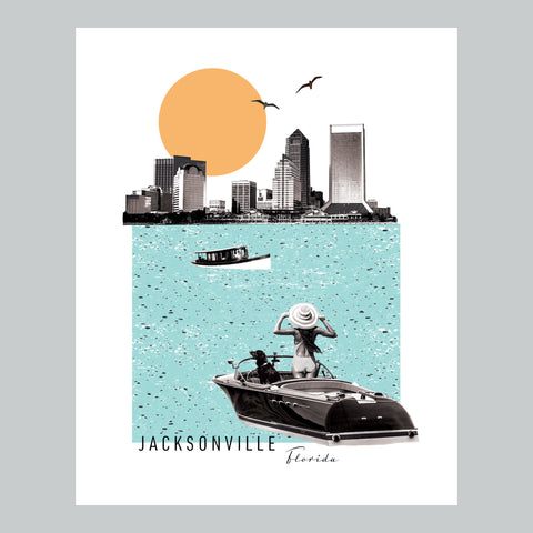 Jacksonville Florida City Scene Skyline Vintage Collage Giclee Wall Art Print JAX