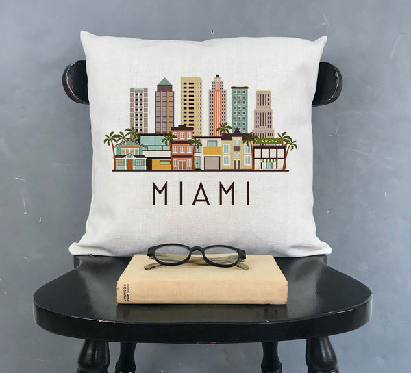 Miami Florida Skyline Graphic Pillow Cover | Decorative Throw Pillow Cushion Sham