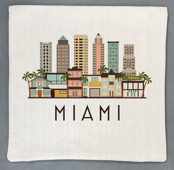 Miami Florida Skyline Graphic Pillow Cover | Decorative Throw Pillow Cushion Sham
