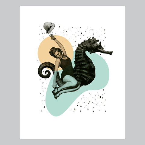 Seahorse Pin-Up Girl Art Print | Vintage Collage Giclee Print | Premium Paper | Mid Century Ocean Beach Eclectic Whimsical Wall Art