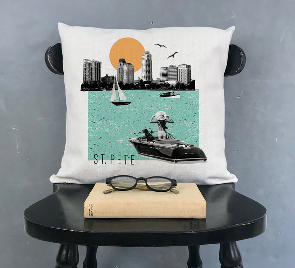 St. Pete City Scene Pillow Cover |  St. Petersburg Florida Tampa Bay Collage Photo Skyline Decorative Throw Pillow Cushion Sham