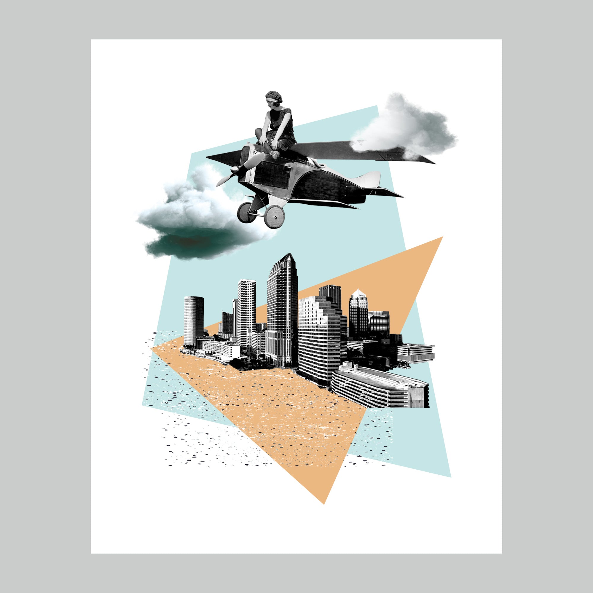Tampa Florida Aerial Skyline View | Plane Girl Vintage Collage Giclee Wall Art Print