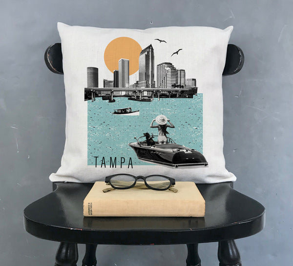 Tampa City Scene Pillow Cover | Florida Tampa Collage Photo Skyline Decorative Throw Pillow Cushion Sham