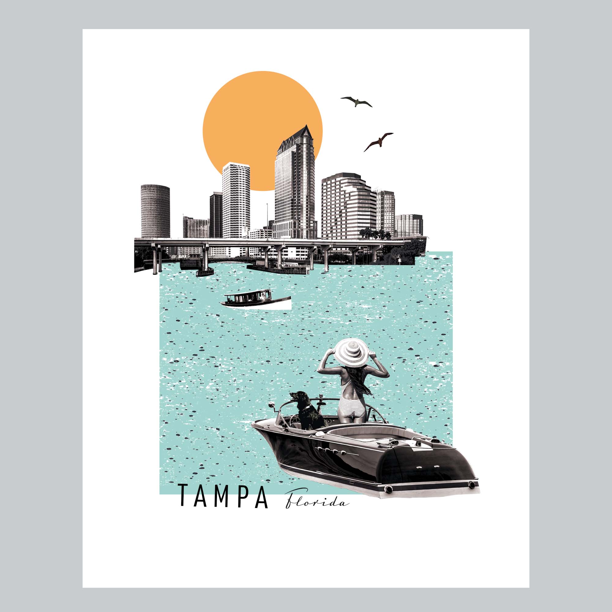 Tampa Florida City Scene Skyline Vintage Collage Giclee Wall Art Print