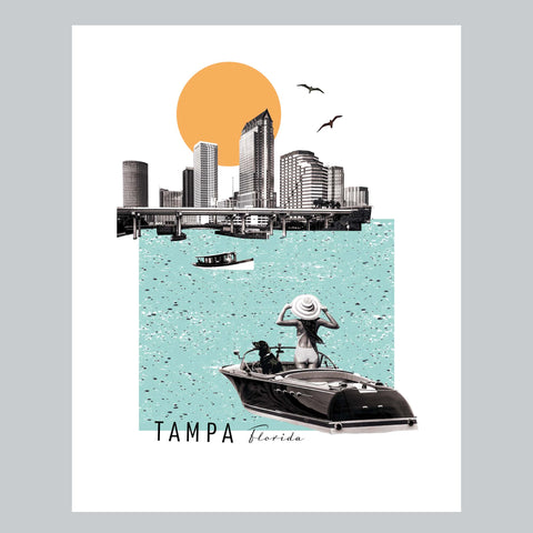 Tampa Florida City Scene Skyline Vintage Collage Giclee Wall Art Print