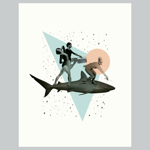 Shark Girls Art Print | Vintage Shark Collage Giclee Print | Premium Paper | Mid Century Ocean Beach Eclectic Whimsical Wall Art Home Decor