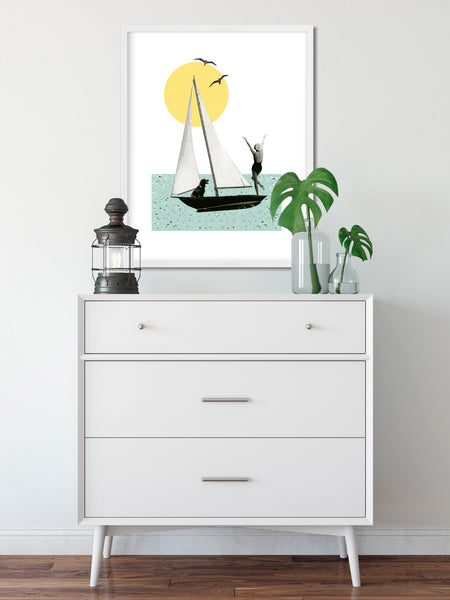 Sailboat Art Print | Vintage Collage Art Giclee Print | Sunset Sailing Dog | Mid Century Ocean Beach Eclectic Whimsical Wall Art Home Decor