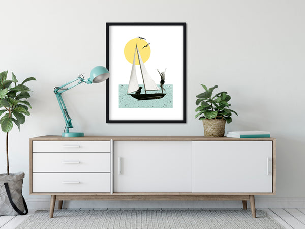 Sailboat Art Print | Vintage Collage Art Giclee Print | Sunset Sailing Dog | Mid Century Ocean Beach Eclectic Whimsical Wall Art Home Decor