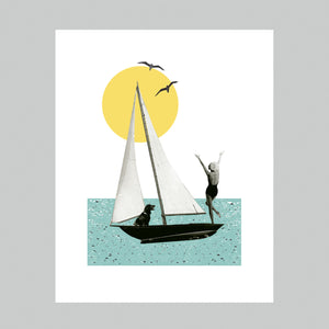 Sailboat Art Print | Vintage Collage Art Giclee Print | Sunset Sailing Dog | Mid Century Ocean Beach Eclectic Whimsical Wall Art Home Decor