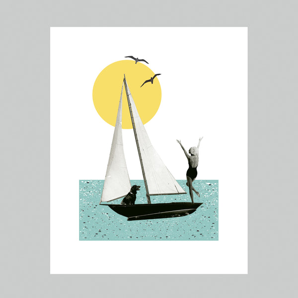 Sailboat Art Print | Vintage Collage Art Giclee Print | Sunset Sailing Dog | Mid Century Ocean Beach Eclectic Whimsical Wall Art Home Decor