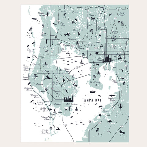 Tampa Bay Florida Icon Map | Tampa Area Neighborhoods Suburbs Map Giclee Wall Art Print Aqua Green Map Poster